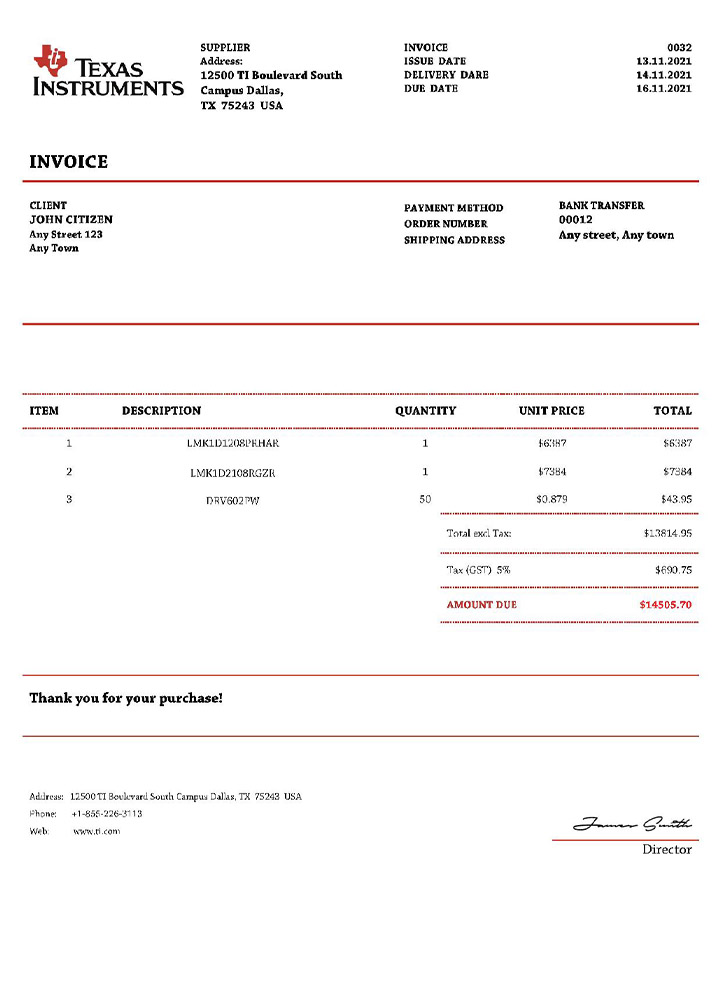 USA Texas Instruments invoice PSD template